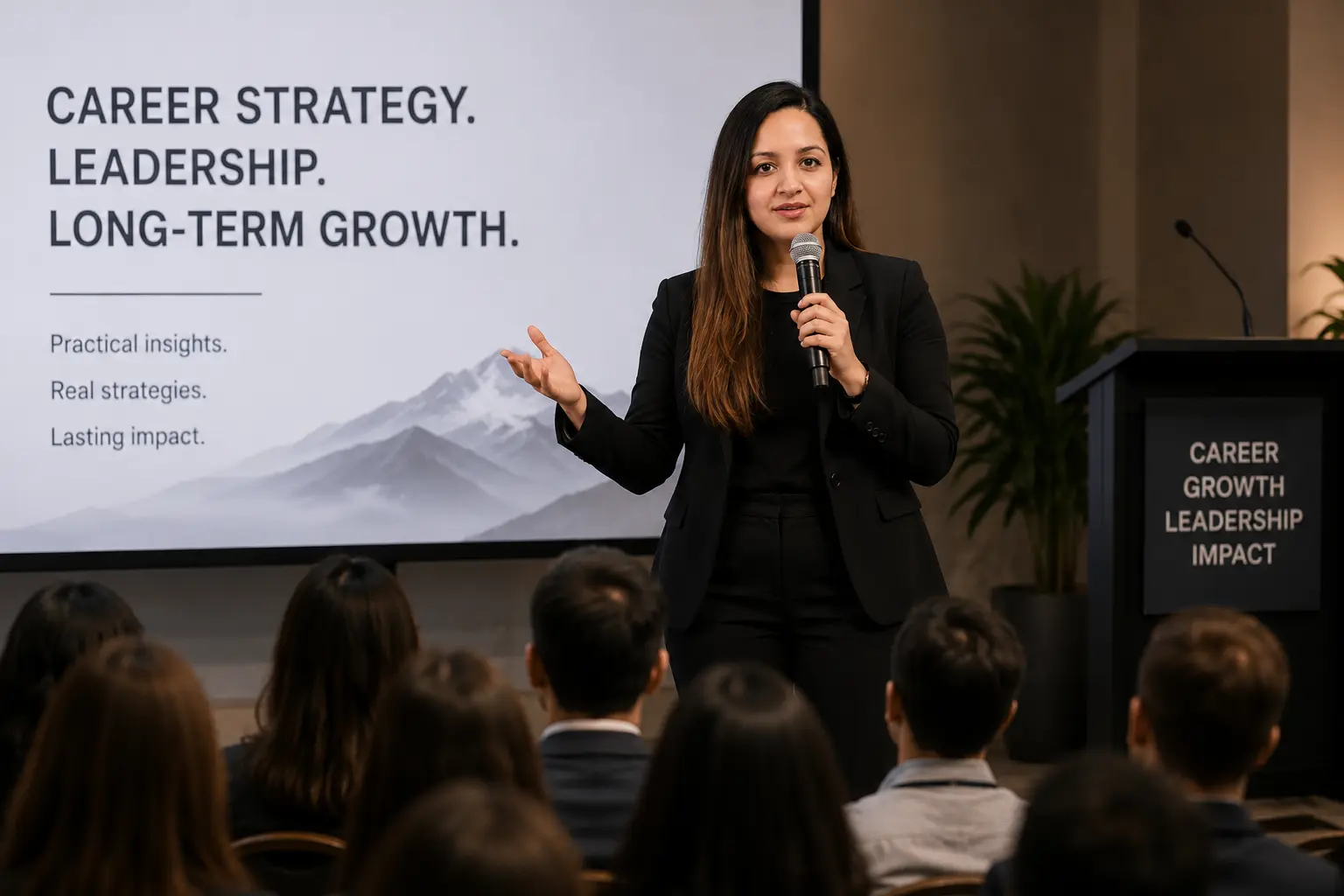Sneha Chawla delivering a keynote session on career strategy and leadership